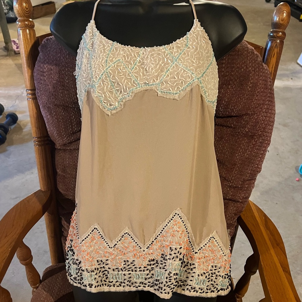 BKE Boutique Tan and Cream Embellished Camisole